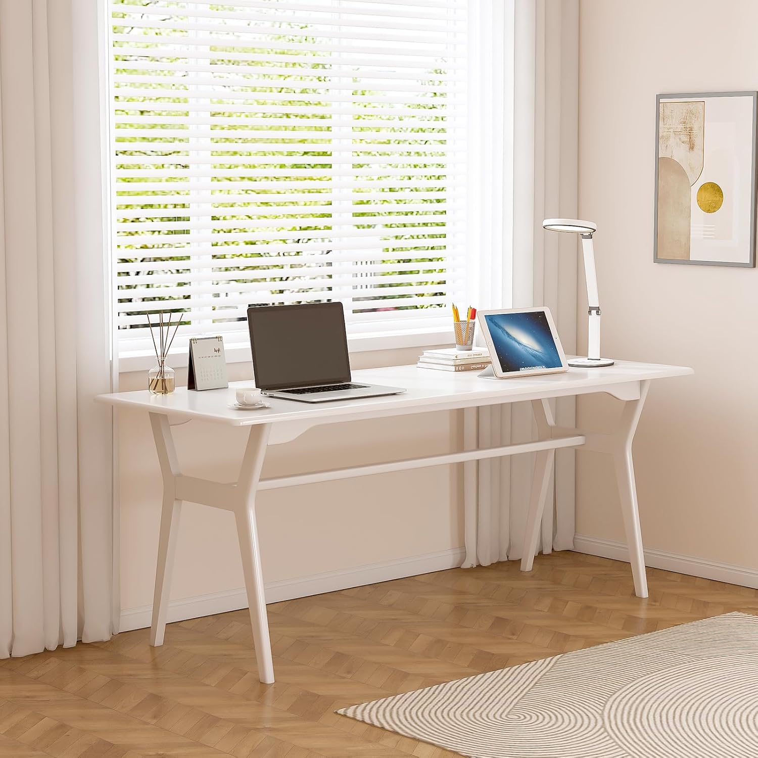 Solid Wood Study Desk - 63" Double Long Computer Table for Home Office, 2-Person PC Workstation, White