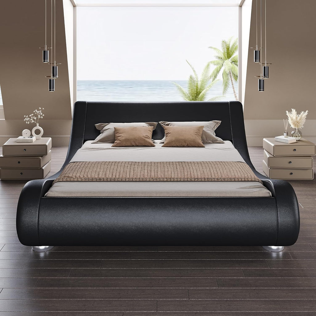 SHA CERLIN Queen Size Upholstered Bed Frame, Deluxe Low Profile Sleigh Bed with Faux Leather Ergonomics Headboard, No Box Spring Needed & Easy Assembly, Black