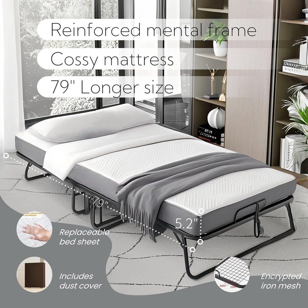 79" x 37" Twin Size Folding Bed for Adults with 5.2" Mattress, Sturdy Portable Foldable on Wheels with Storage Cover, Folding Guest Bed, Rollaway Bed with Metal Frame, Cot Size Extra