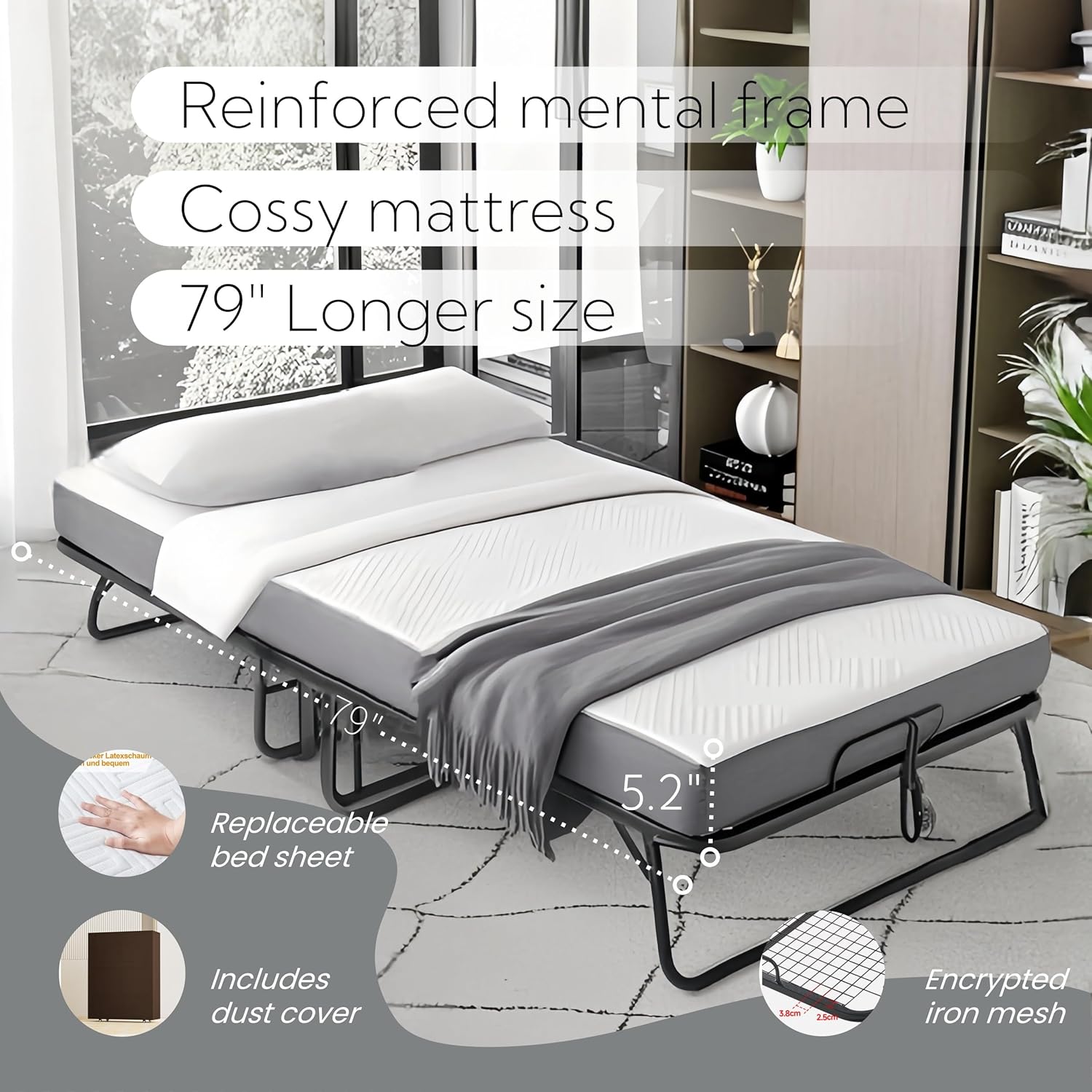 79" x 37" Twin Size Folding Bed for Adults with 5.2" Mattress, Sturdy Portable Foldable on Wheels with Storage Cover, Folding Guest Bed, Rollaway Bed with Metal Frame, Cot Size Extra
