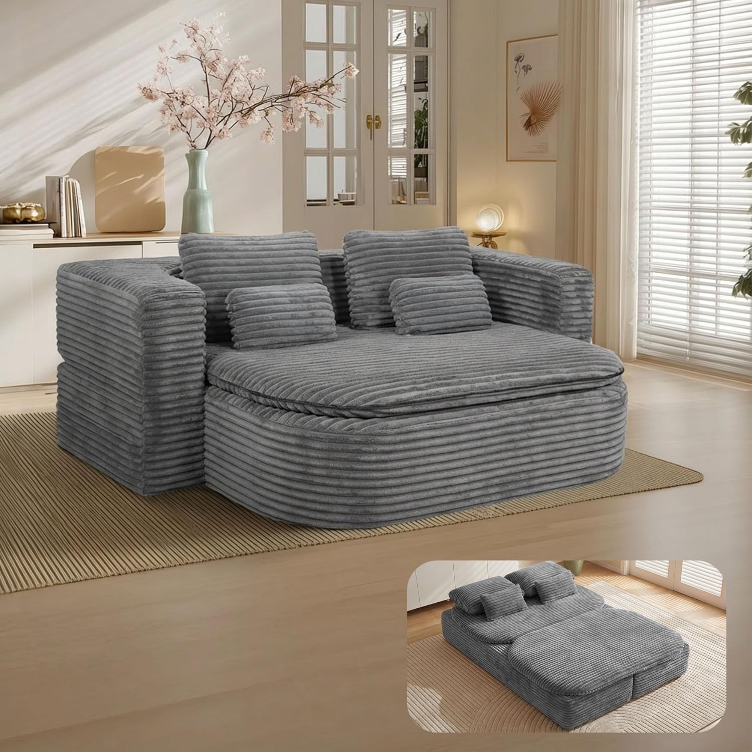 75'' Folding Sleeper Sofa Bed, Convertible Memory Foam Boneless Couch, Foldable Full Size Guest Bed, Modern 2-in-1 Futon Floor Sleeper Sofa with 4 Pillows and Blanket (Corduroy, Gray)