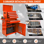5-Drawer Tool Chest, Rolling Tool Box with Detachable Top Toolbox & Universal Wheels, Tool Cabinet with Lock Bar, Protective Liner & Tool Rack, Metal Storage Cart for Garage,Workshop (Orange)