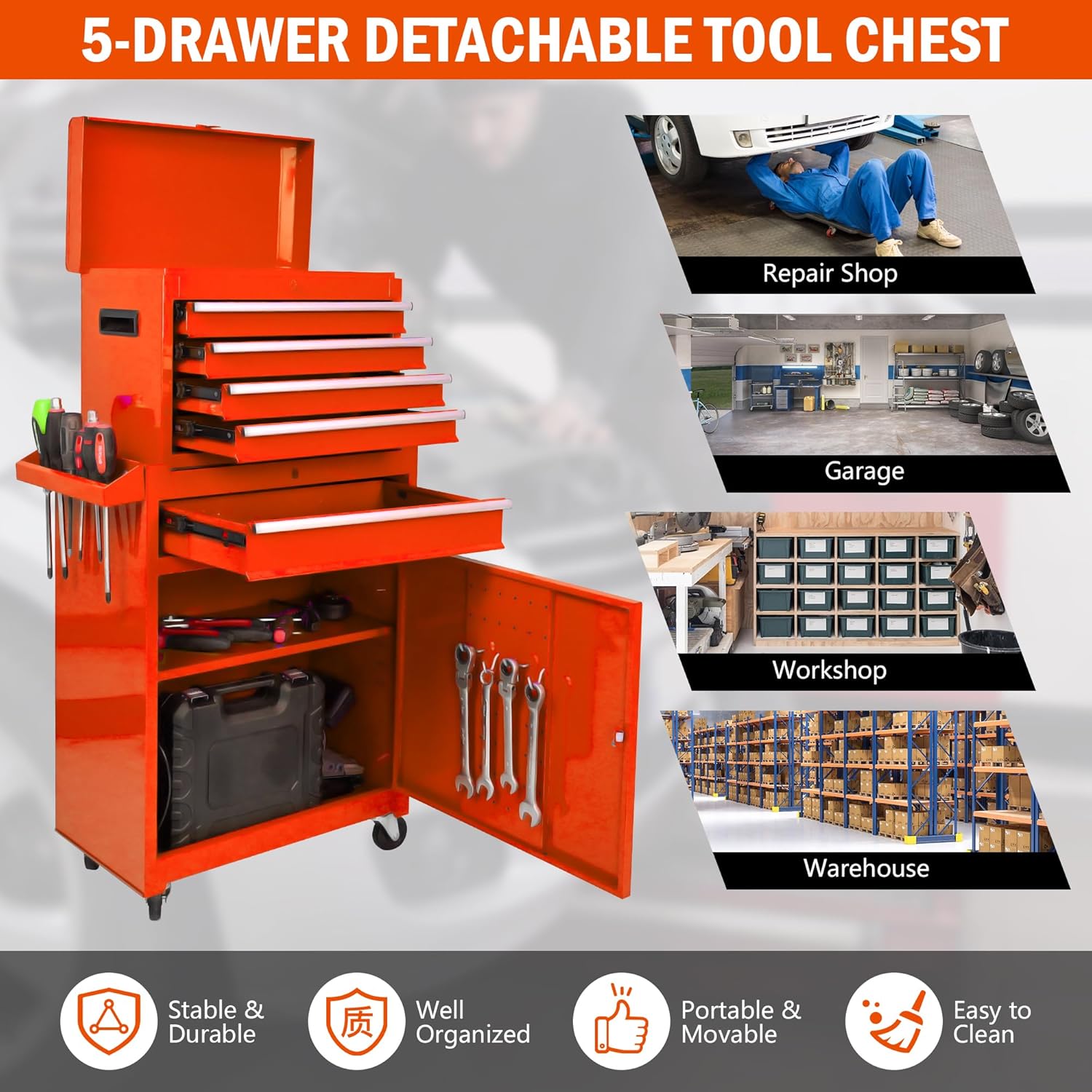 5-Drawer Tool Chest, Rolling Tool Box with Detachable Top Toolbox & Universal Wheels, Tool Cabinet with Lock Bar, Protective Liner & Tool Rack, Metal Storage Cart for Garage,Workshop (Orange)