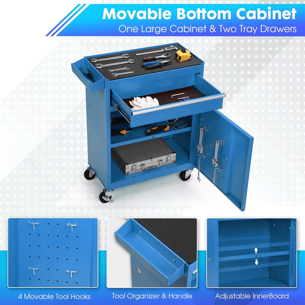 Dawmilon 5-Drawer Rolling Tool Chest with Wheels - Large Tool Storage Cabinet with Detachable Toolbox for Repair Room, Warehouse - Rolling Tool Box with Hooks, Liners, Blue