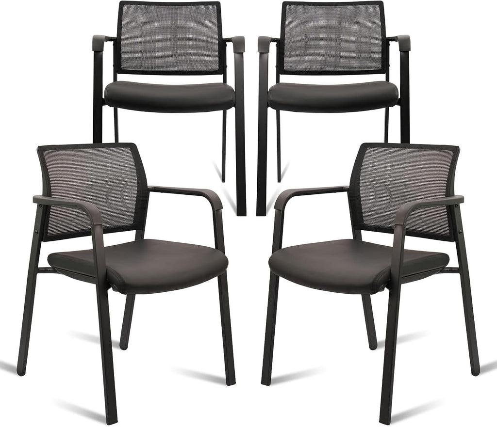 CLATINA Stackable Office Chair, Mesh Back Guest Chairs with Comfortable Leather Seat Arms Stacking Ergonomic Desk Chair No Wheels for Conference Waiting Reception School Stationary, Set of 4, Black