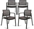 CLATINA Stackable Office Chair, Mesh Back Guest Chairs with Comfortable Leather Seat Arms Stacking Ergonomic Desk Chair No Wheels for Conference Waiting Reception School Stationary, Set of 4, Black