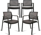CLATINA Stackable Office Chair, Mesh Back Guest Chairs with Comfortable Leather Seat Arms Stacking Ergonomic Desk Chair No Wheels for Conference Waiting Reception School Stationary, Set of 4, Black