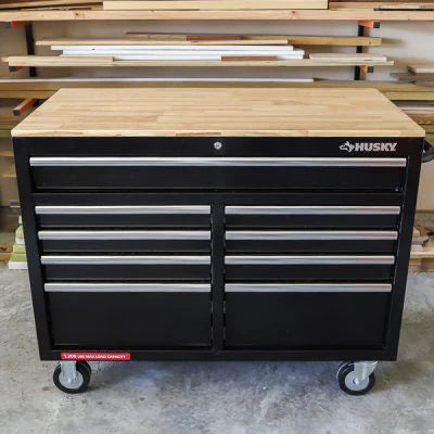 46-in W x 24.5-in D 9-Drawer Mobile Workbench with Hardwood Top and Power Station  Gloss Black