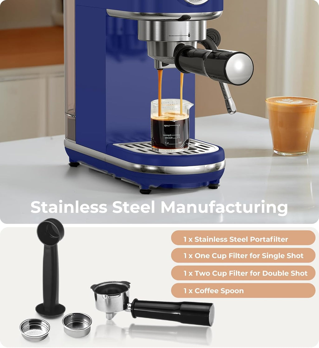 20 Bar Espresso Machine with Milk Frother, Compact Espresso Maker, Stainless Steel Coffee Machine with Precise Temp Control & 44oz Removable Water Tank for Latte, Cappuccino, Dark Blue