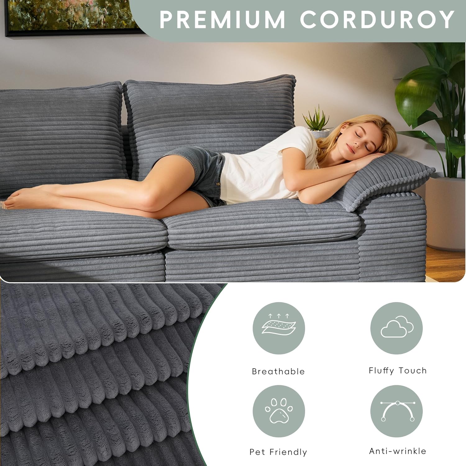 104" Cloud Sectional Couch, Boneless Couches for Living Room, L Shaped Couch with Ottoman, Modular Sectional Sofa with Deep Seat, Modern Boneless Sofa for Living Room, No Assembly (Grey, L-Shaped)