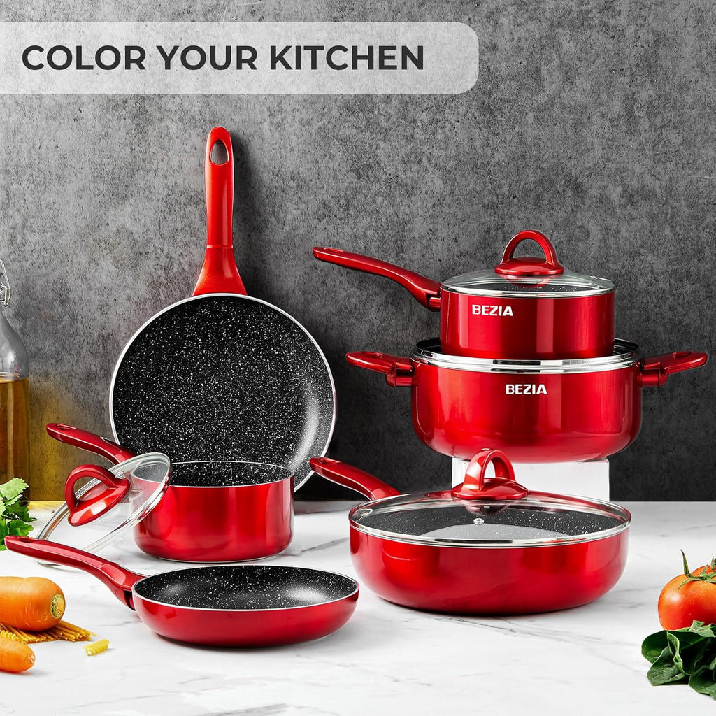 Induction Cookware Pots and Pans Set 10 Piece, BEZIA Dishwasher Safe Nonstick Cooking Pans, Stay-Cool Bakelite Handle, Scratch Resistant Kitchen Sets with Frying Pans, Saucepans & Stockpot (Red)