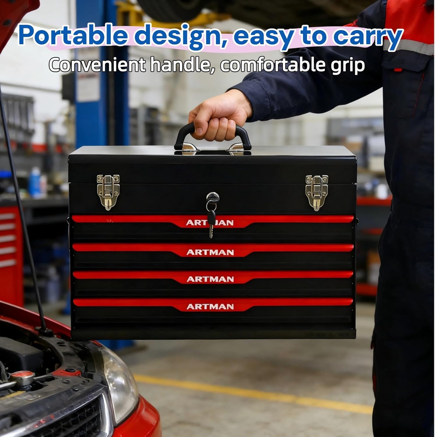 4 Drawers Tool Box, 21" Portable Steel Tool Chest with Top Tool Tray,Key Lock & Latch Closure,Liners,Handle,Ball Bearing Sides, Portable Tool Storage Organizer for Garage Workshop (Black)