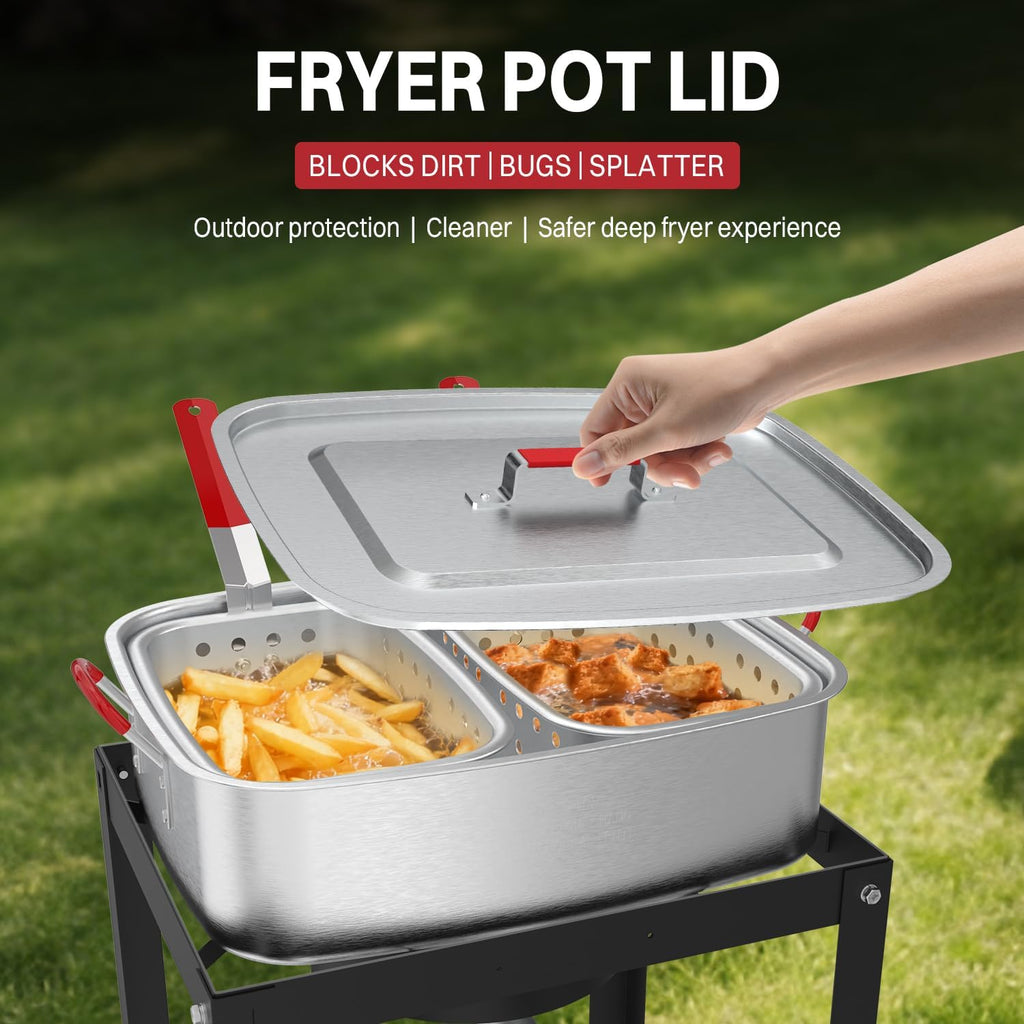 18QT Outdoor Propane Fish Fryer | 50,000 BTU Propane Deep Fryer | Includes 2 Baskets | Lid | Cover | 9" Fryer Tong & 6" Thermometer | Perfect for Cooking Fish, Chicken Wings, and Fries
