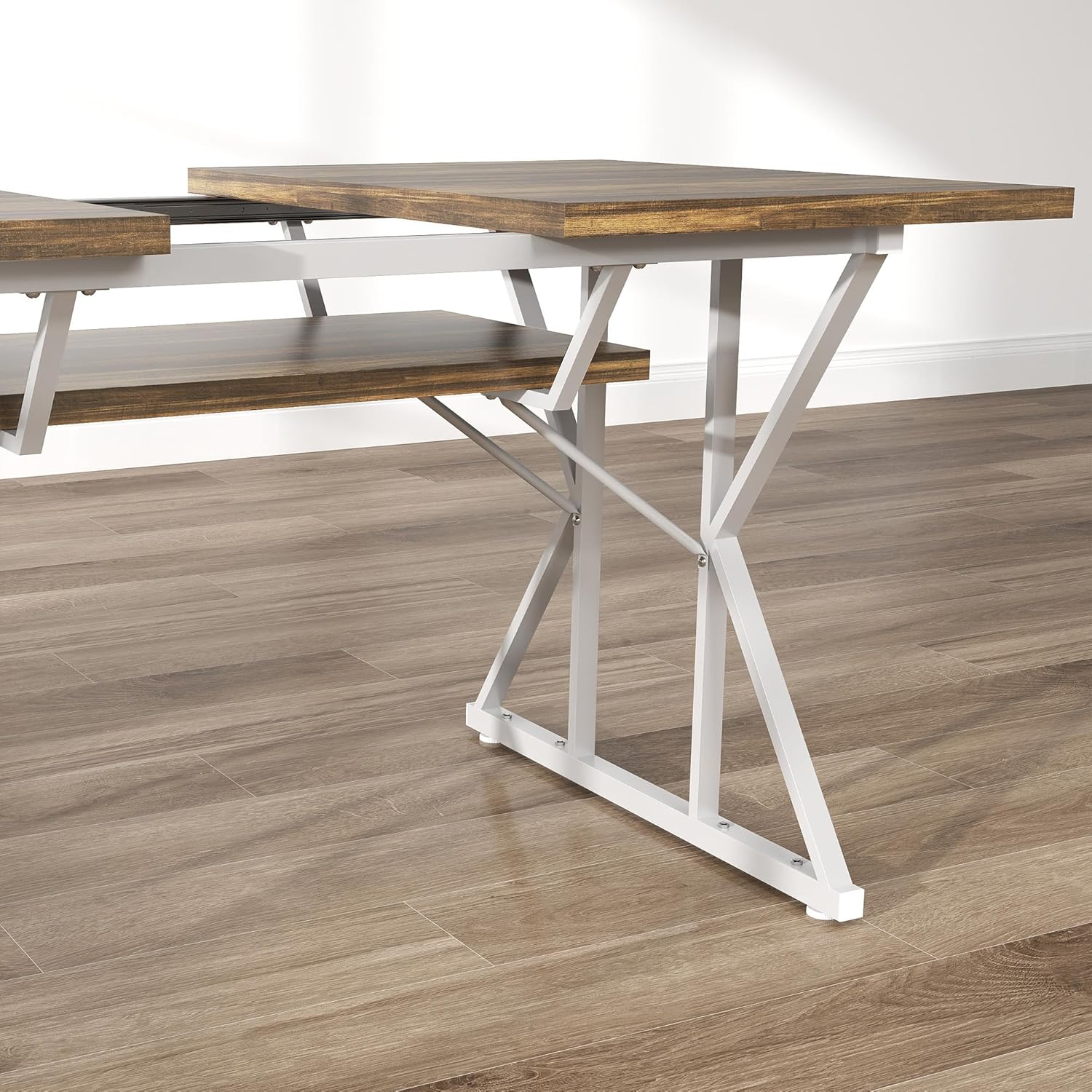HOMCOM 47"-63" Expandable Dining Table for 4-6 People, Farmhouse Dinner Table with Heavy Duty Metal Trestle Base, Rectangle Kitchen Desk, Distressed Brown
