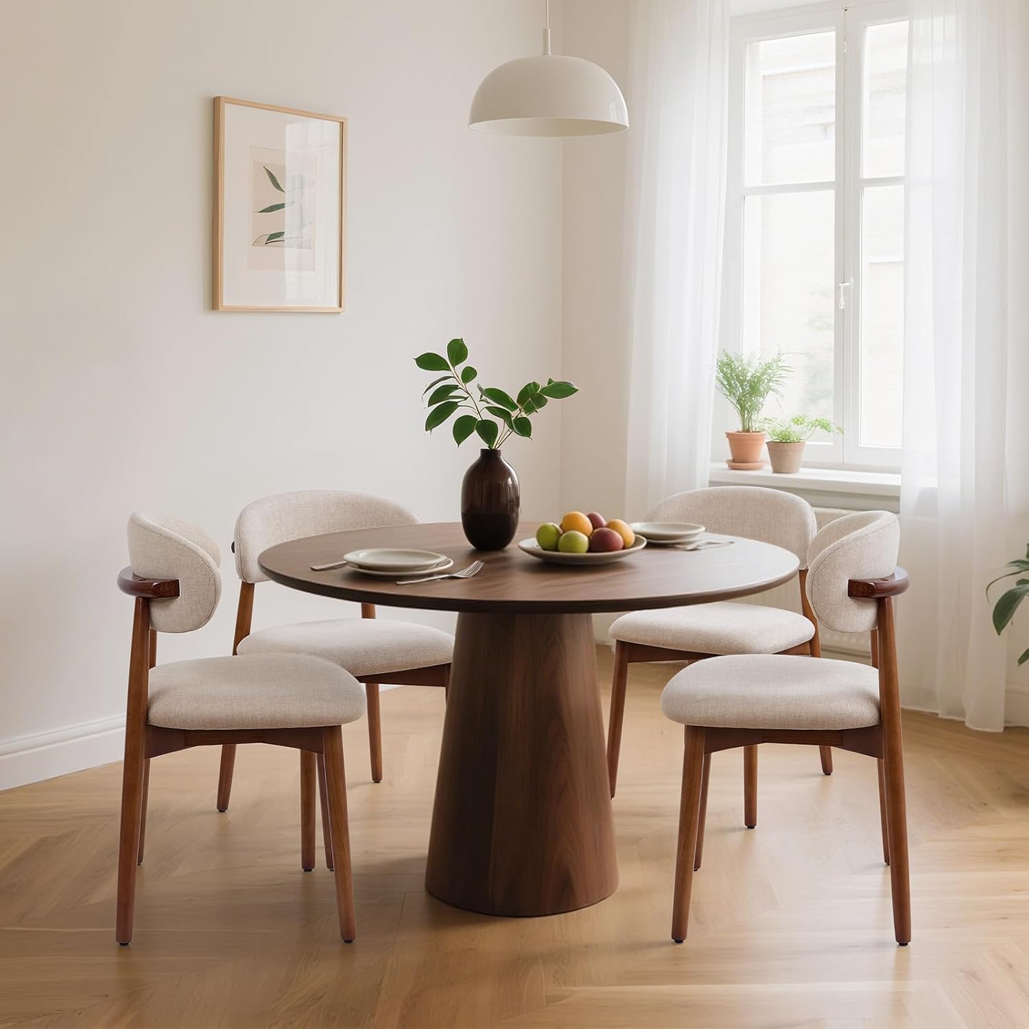 Farmhouse Dining Chairs Set of 4, Mid Century Modern Fabric Upholstered Kitchen Chairs, Wooden Dining Room Chair with Curved Back for Kitchen Dining Room Restaurant Cafe, Light Camel (Only Chairs)