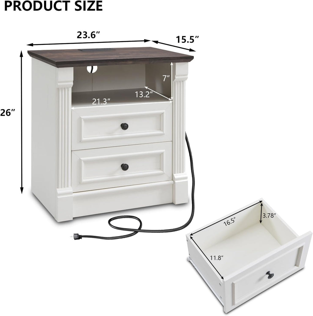 26" Tall Farmhouse Nightstand Set of 2, 2 Drawers End Table w/Charging Station, 23.6" Wide Large Side Table w/Roman Column, Wood Rustic Sofa Table w/Open Shlef, Bedside Table for Bedroom, White