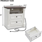 26" Tall Farmhouse Nightstand Set of 2, 2 Drawers End Table w/Charging Station, 23.6" Wide Large Side Table w/Roman Column, Wood Rustic Sofa Table w/Open Shlef, Bedside Table for Bedroom, White