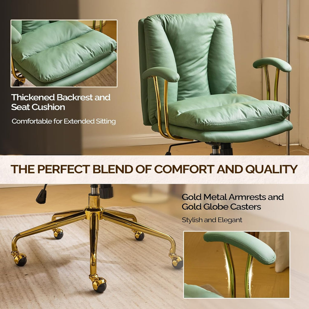 VINGLI Home Office Desk Chair Comfy with Wheels & Removable Armrests,Gold Base Vanity Chair with Back,Adjustable Rolling Swivel Computer Task Chair for Study,Makeup,Office,Cat Scratch PU,Green