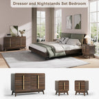 Mid Century Modern Bedroom Set, 6 Drawer Dresser and Nightstand Sets for Bedroom, Night Stand Set 2 & 6 Drawer Dresser with Gold Handles, Wood Chest of Drawers Storage Cabinet Set, Walnut
