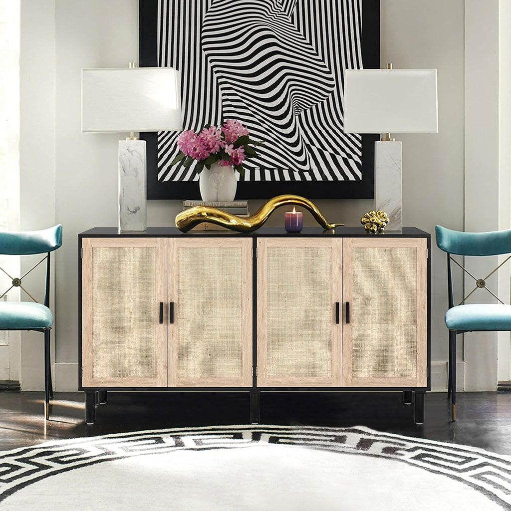 Finnhomy 4 Door Sideboard Buffet Cabinet, Kitchen Storage Cabinet with Rattan Decorated Doors, Cupboard Console Table, Boho Accent Liquor Cabinet, Bar Cabient, 62.3X 15.7X 34.6 Inches, Black