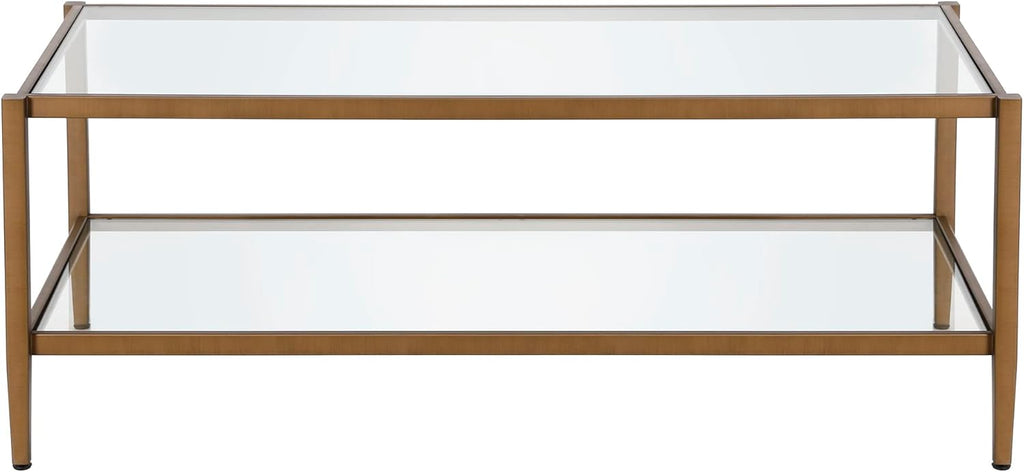 Henn&Hart 45" Wide Rectangular Coffee Table with Glass Shelf in Antique Brass, Coffee Table coffee tables for living room, studio apartment essentials