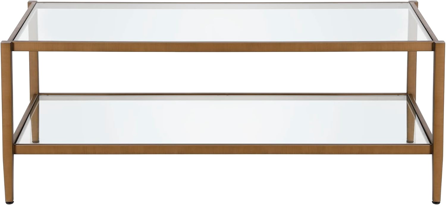 Henn&Hart 45" Wide Rectangular Coffee Table with Glass Shelf in Antique Brass, Coffee Table coffee tables for living room, studio apartment essentials