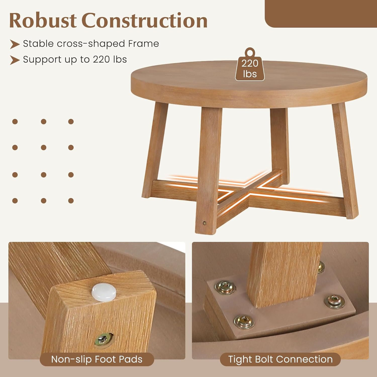 Giantex Round Coffee Table, 30" Wood Center Table with Thickened Tabletop & Cross-Shaped Pine Wood Frame, 220 lbs Capacity, Modern Living Room Table for Small Spaces, Natural