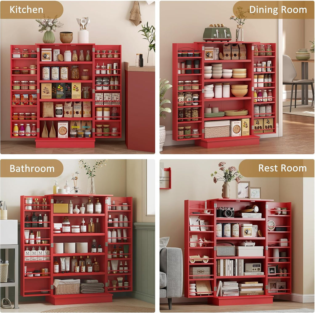 HOMCOM 41" Kitchen Pantry Storage Cabinet, Freestanding Kitchen Cabinet with 12 Door Shelves, Double Doors, 5-Tier Shelving and Adjustable Shelves, Red