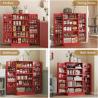 HOMCOM 41" Kitchen Pantry Storage Cabinet, Freestanding Kitchen Cabinet with 12 Door Shelves, Double Doors, 5-Tier Shelving and Adjustable Shelves, Red