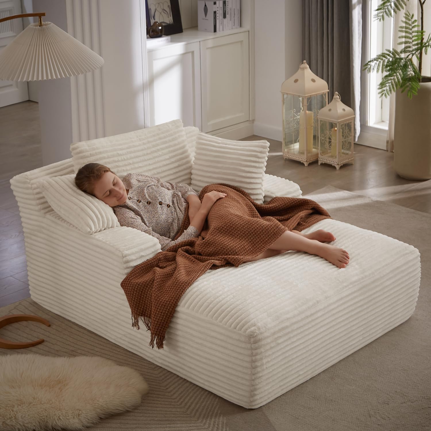 50" W Chaise Lounge Chair Indoor, Oversized Upholstered Corduroy Boneless Sofa Bed with 3 Pillows, Deep Seat Sleeper Reading Chair Cloud Couch for Living Room, No Assembly Required