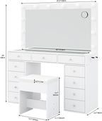 Vanity Desk & Power Outl, Makeup Vanity with Mirror and 12 LED Lights, Makeup Table with 11 Drawers, Vanity Table with Chair,Set 3 Lighting Modes Brightness Adjustable-(White)