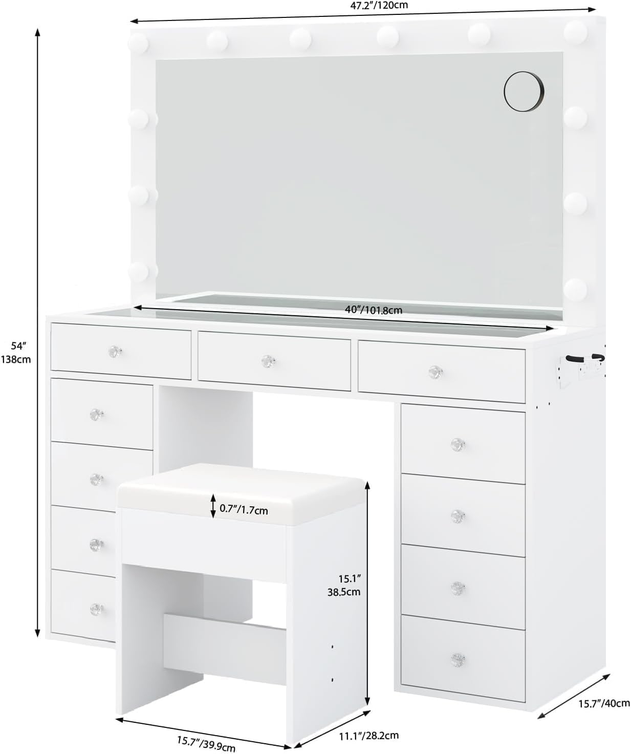 Vanity Desk & Power Outl, Makeup Vanity with Mirror and 12 LED Lights, Makeup Table with 11 Drawers, Vanity Table with Chair,Set 3 Lighting Modes Brightness Adjustable-(White)