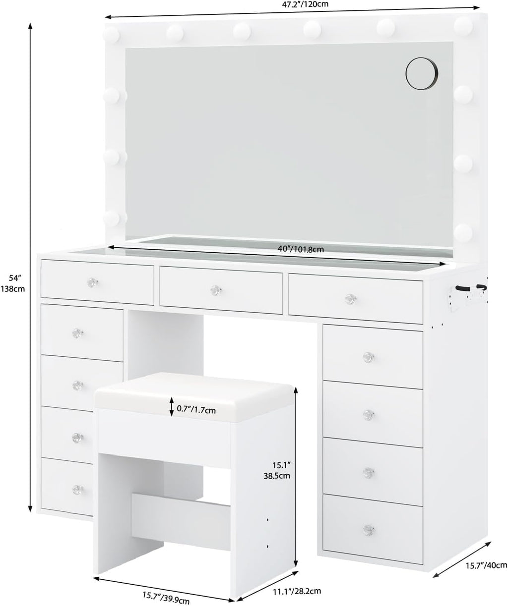 Vanity Desk & Power Outl, Makeup Vanity with Mirror and 12 LED Lights, Makeup Table with 11 Drawers, Vanity Table with Chair,Set 3 Lighting Modes Brightness Adjustable-(White)