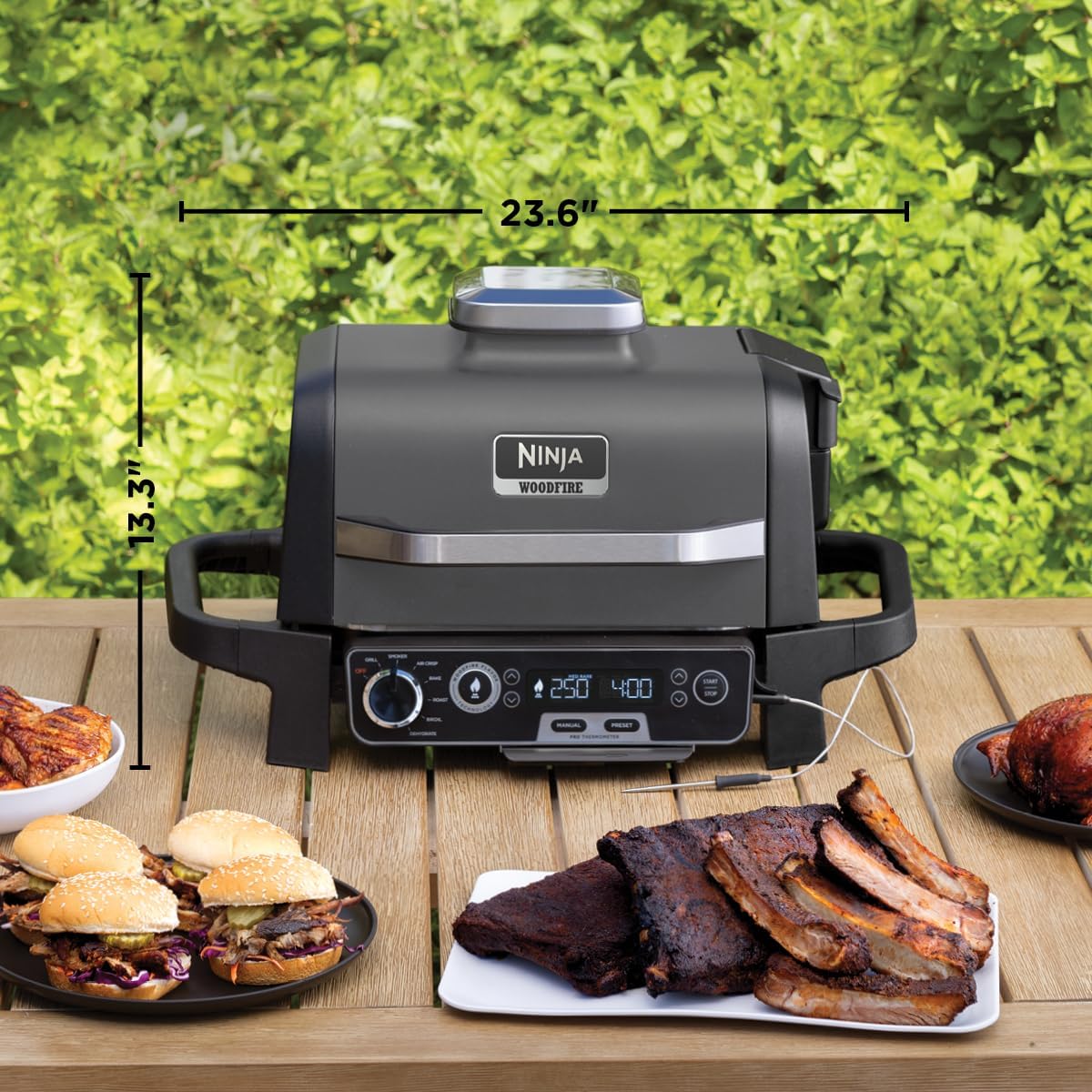 Ninja OG751 Woodfire Pro Outdoor Grill Built-In Thermometer 7-in-1 Master Grill BBQ Smoker & Outdoor Air Fryer Plus Bake Roast Dehydrate & Broil Woodfire Technology Weather-Resistant Grey XL