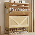 IRONCK Shoe Cabinet with 2 Flip Drawers, 48.3" H x 34.2" W x 10.2" D, Rattan Shoe Storage Organizer Cabinet with 4 Side Hooks, Free Standing Narrow Shoe Rack Cabinet for Entryway, Natural Oak