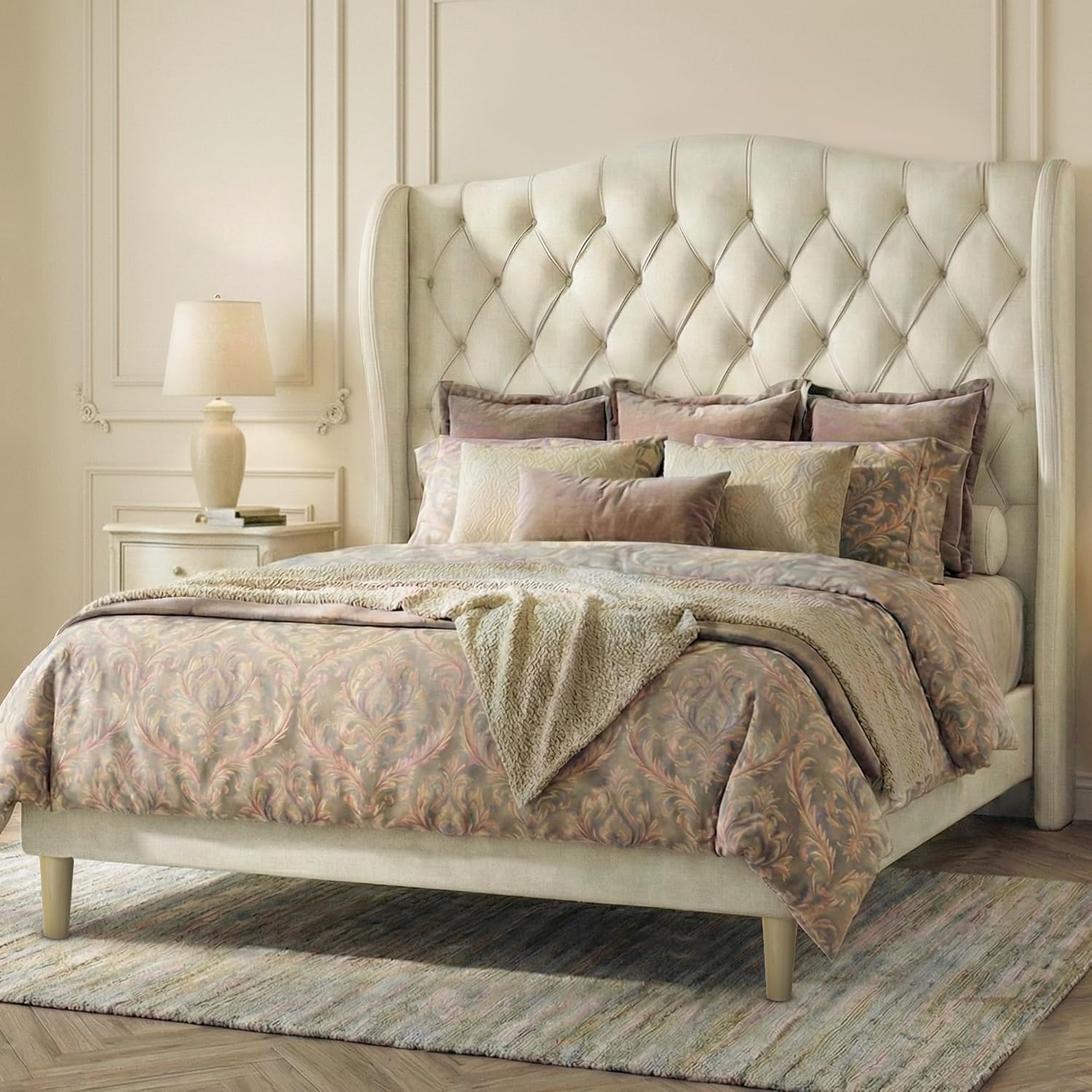 Queen Size Velvet Upholstered Platform Bed Frame, 56" Tall Wingback Headboard with Deep Diamond Tufting, Solid Metal Support (1000lbs), No Box Spring Needed, Cream