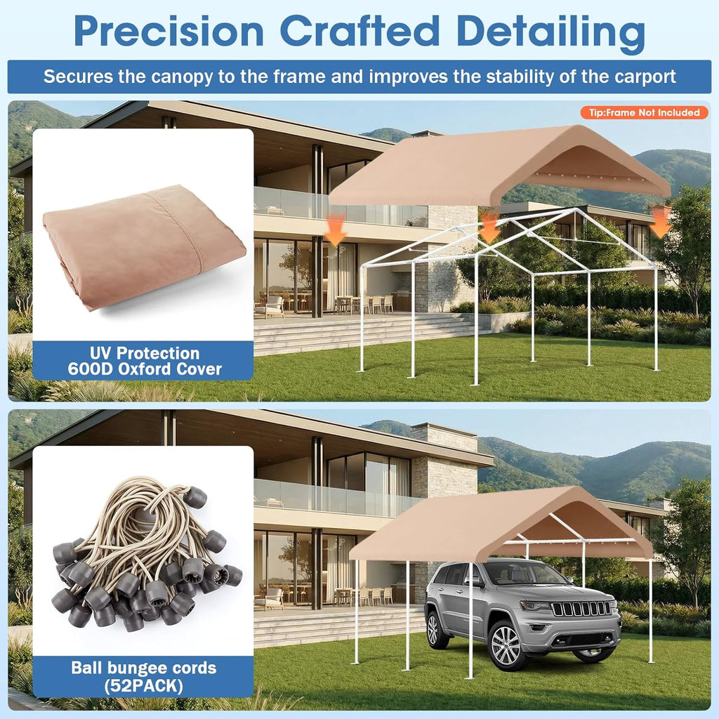 10x20FT Canopy Replacement Cover, Carport Replacement Canopy for 10' x 20' Frame, 800D Oxford Waterproof & UV Protected Tarp with Ball Bungees (Frame is not Included) (Beige)