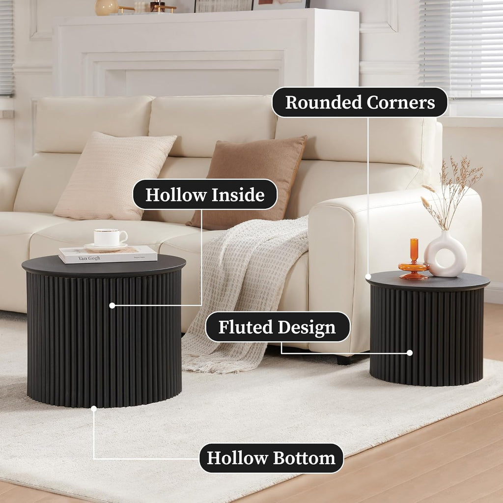 AVZEAR Round Nesting Coffee Table Set of 2, Small Fluted Coffee Table Circle Side Table, Mid Century Modern Wood Nesting Tables Farmhouse End Table Set for Living Room, Bedroom, Small Spaces(Black)