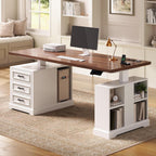 SEDETA Farmhouse Electric Standing Desk, 63" Height Adjustable Computer Desk with 3 Drawers, Storage Shelves, Power Outlets, Wood Home Office Stand up Desk for Work, Study, Writing, White