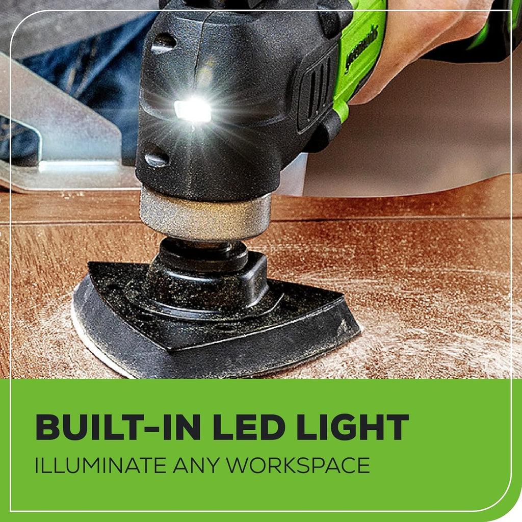 Greenworks 24V Cordless Multi-Tool, Oscillating Tool for Cutting/Nailing/Scraping/Sanding with 6 Variable Speed Control, 2.0Ah Battery, 2A Charger and 13 Accessories Included