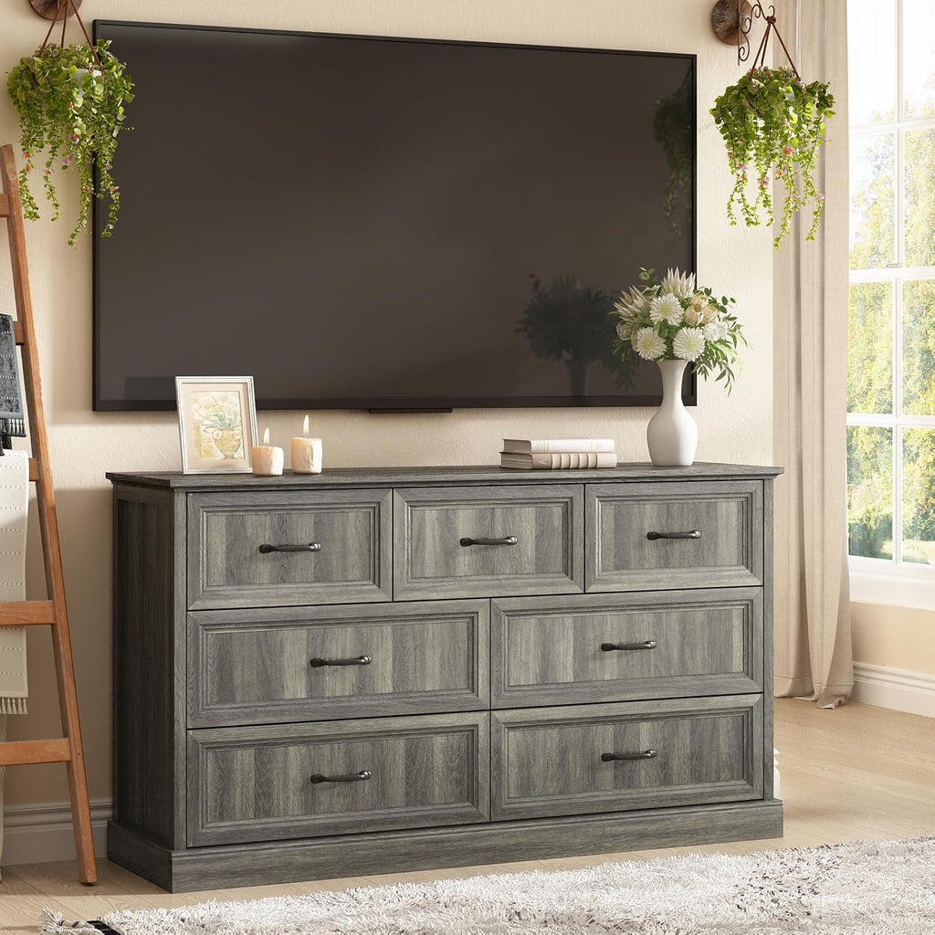 CARPETNAL Farmhouse 7 Drawer Dresser for Bedroom, 55 Inch Wide Modern Grey Dresser TV Stand with Large Drawers & Bar Handles, Rustic Wood Chest of Drawers for Bedroom, Living Room, Hallway, Entryway.
