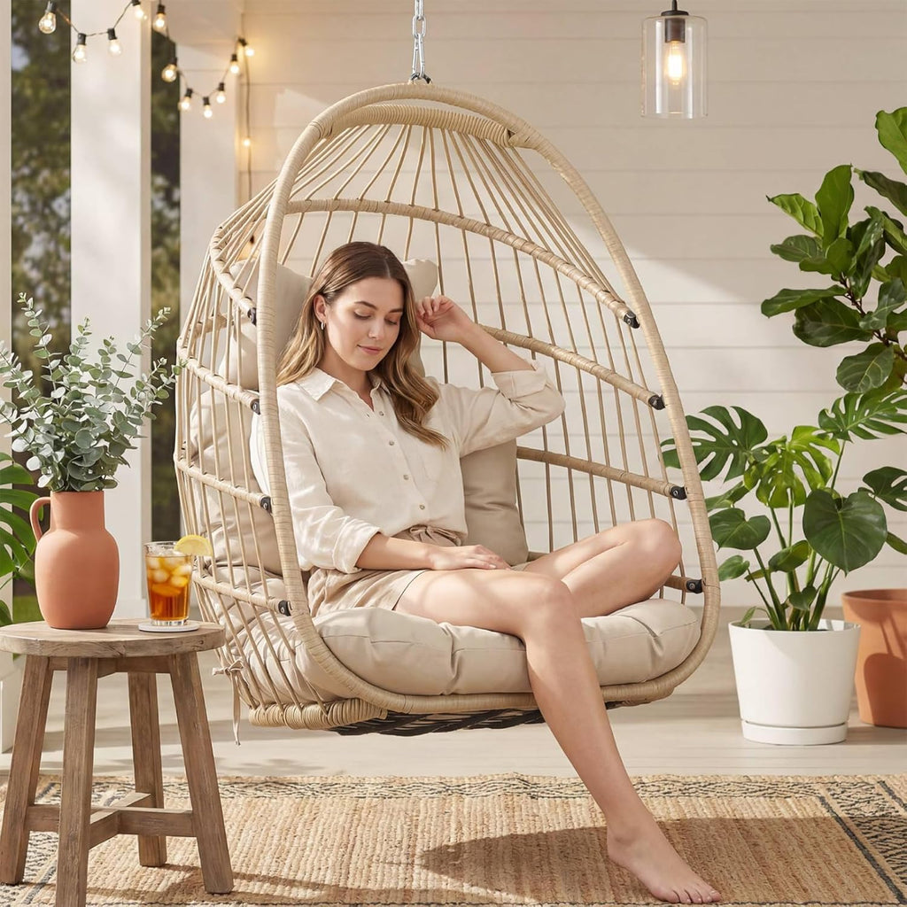 Nicesoul Outdoor Hanging Egg Chair Without Stand, Patio Wicker Swing Egg Basket Chairs with Padded Cushion, 350 Lbs Comfy Cozy Ceiling Tree Swinging Egg-Shaped Chair No Stand for Indoor Balcony, Beige