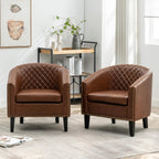 KINWELL 29" W Faux Leather Barrel Chairs Set of 2, Modern PU Upholstered Tufted Club Chairs with Nailhead Trim, Small Armchairs Accent Chairs for Living Room Bedroom Apartment Lounge Nursery, Brown