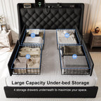 Queen Size Upholstered Platform Bed Frame with 4 Storage Drawers and Charging Station, Linen Button Tufted Wingback Headboard, Sturdy Wooden Support Slats, No Box Spring Needed, Black