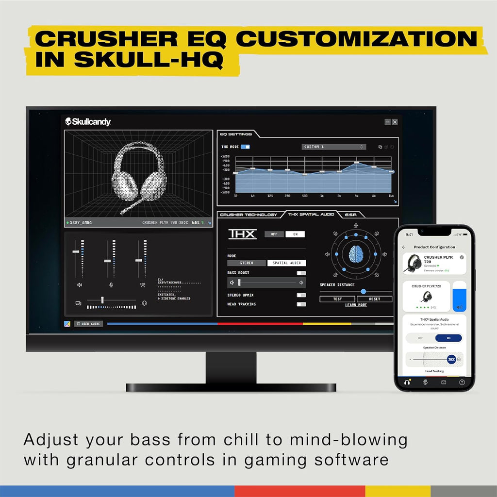 Skullcandy Crusher PLYR 720 Wireless Gaming Headset  Ultimate Immersion and Comfort  THX Spatial Audio  Multi-Sensory Bass and Platform- Digi-Black  Removable Mic  PC  PlayStation  Nintendo