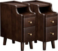 Narrow Nightstand with Drawers Set 2, Pre-Assembled Solid Wood Small Skinny Night Stand with Open Sliding Shelf Slim Bedside Table for Bedroom, Slim Side Table 2, Black Walnut, 8"