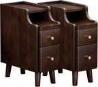 Narrow Nightstand with Drawers Set 2, Pre-Assembled Solid Wood Small Skinny Night Stand with Open Sliding Shelf Slim Bedside Table for Bedroom, Slim Side Table 2, Black Walnut, 8"