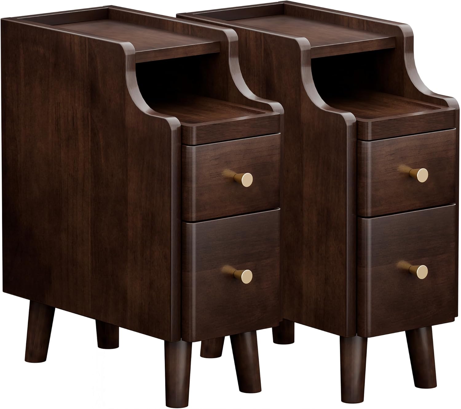 Narrow Nightstand with Drawers Set 2, Pre-Assembled Solid Wood Small Skinny Night Stand with Open Sliding Shelf Slim Bedside Table for Bedroom, Slim Side Table 2, Black Walnut, 8"