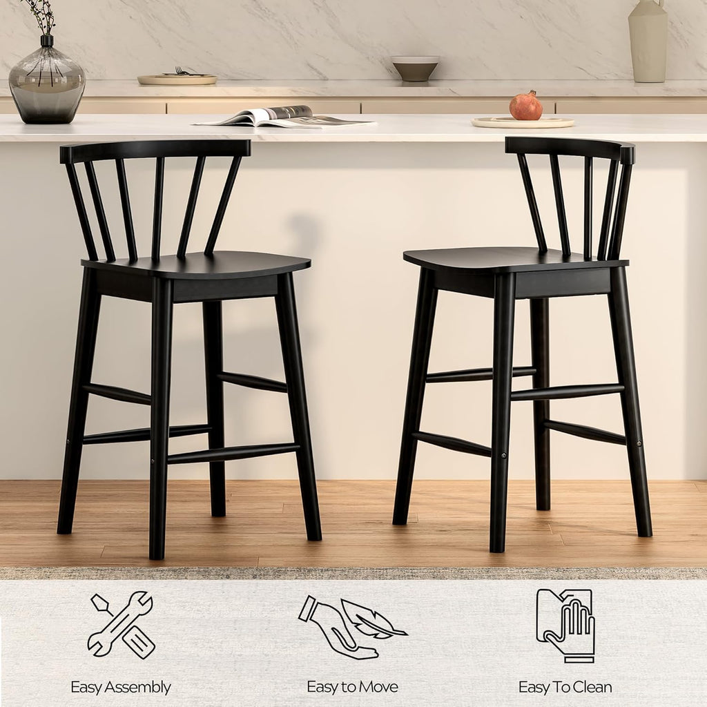 Wood Bar Stools Set of 3, 24" Barstool Farmhouse Counter Stools with Curved Back for Dining Room, Black