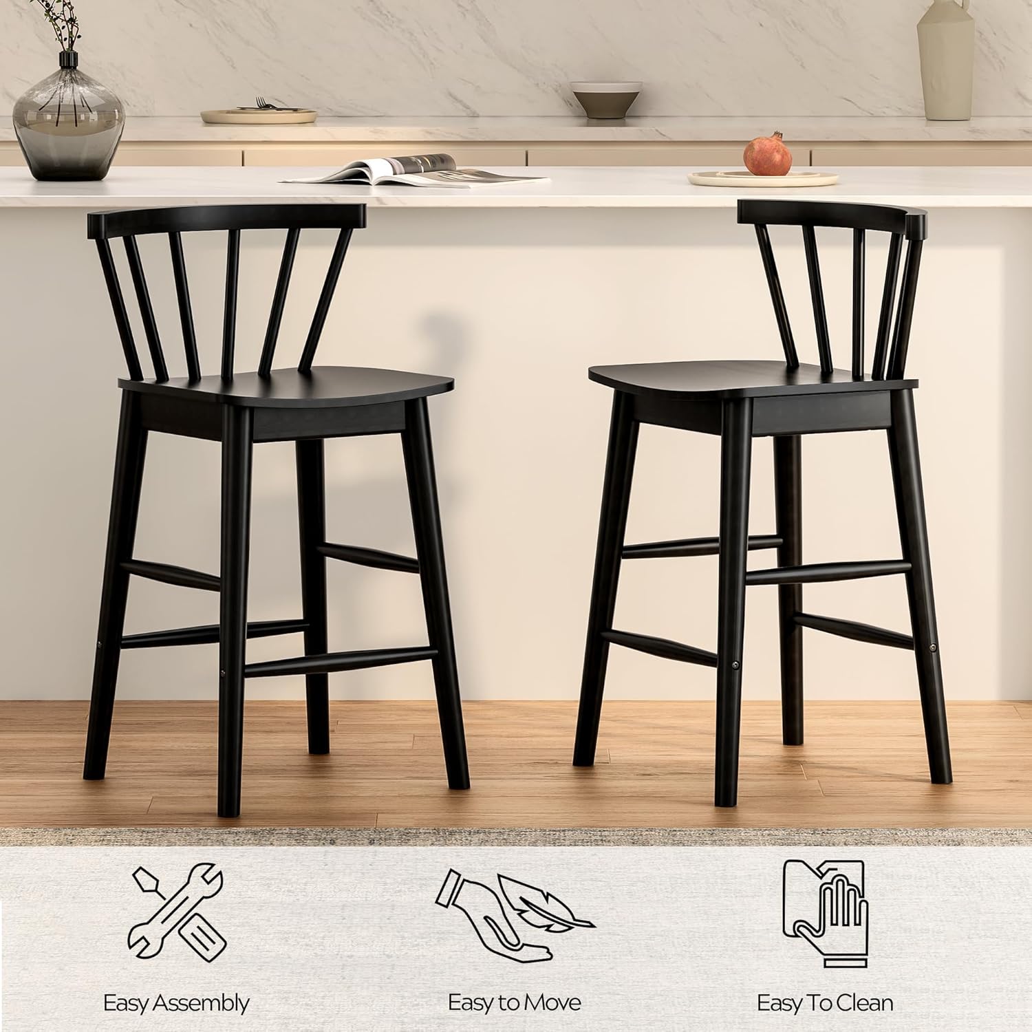 Wood Bar Stools Set of 3, 24" Barstool Farmhouse Counter Stools with Curved Back for Dining Room, Black